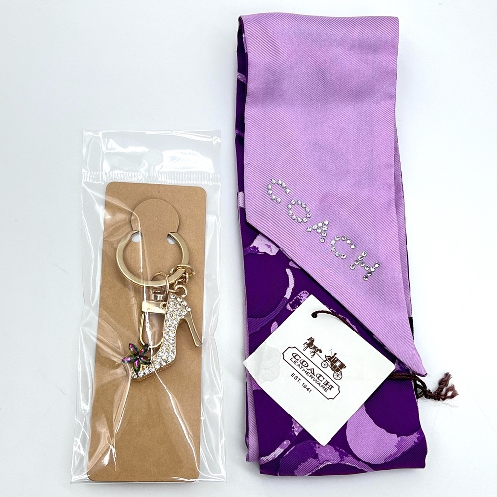 Coach Purple Signature Bag Scarf + Unbranded Crystal High Heel Bag Charm Set NEW - Picture 2 of 16